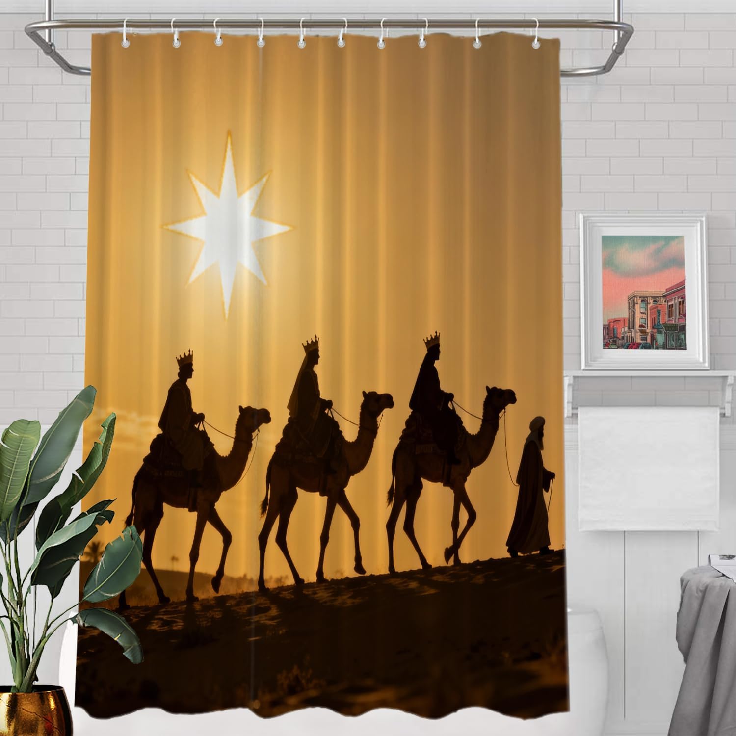 Batmerry Yellow Christian Three Wise Men Decor Shower Curtain, Black Religion Bathroom Decor Polyester Fiber Plastic Rings Quick-Drying Waterproof for Bathtubs/Bathroom, 72x60 inches