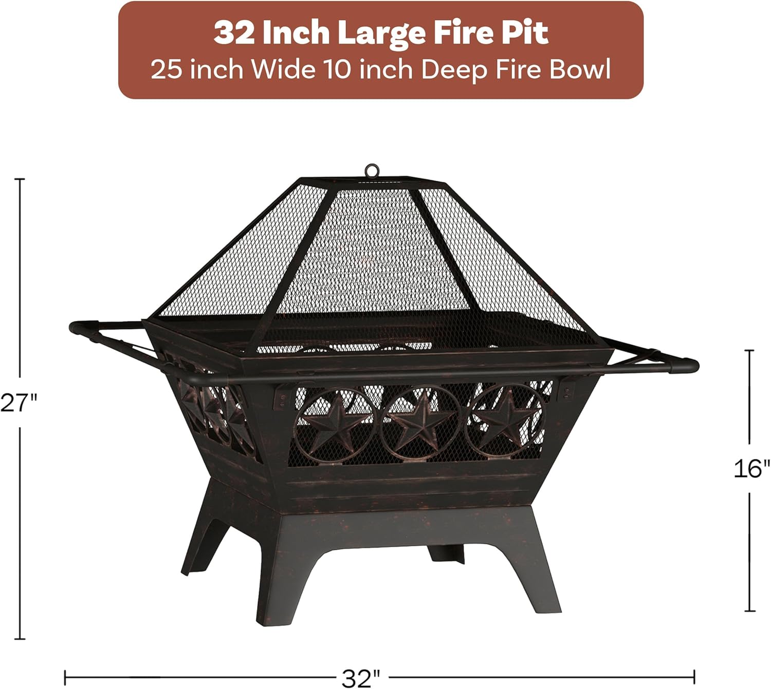 32in Outdoor Fire Pit - Square Wood Burning Bonfire Bowl with Spark Screen, Poker, Log Grate and Cover - Wood Fire Pits & Outdoor Fireplaces for Outside, Backyard, Camping or Patio by Pure Garden