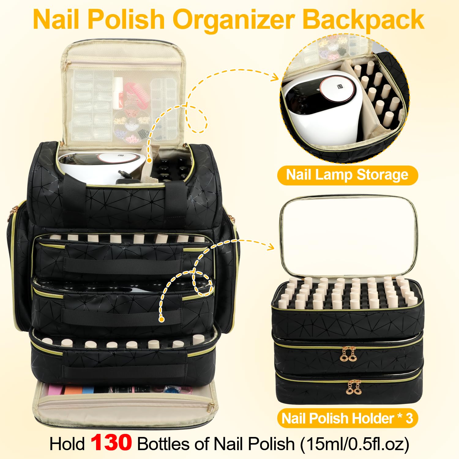 Nail Polish Organizer Backpack Holds 130 Bottles (15ml/0.5fl.oz)& Nail Lamp, Extra Large Nail Kit Storage Bag with 3 Removable Carrying Cases, Nail Tech Supplies Organizer Case for Women Black