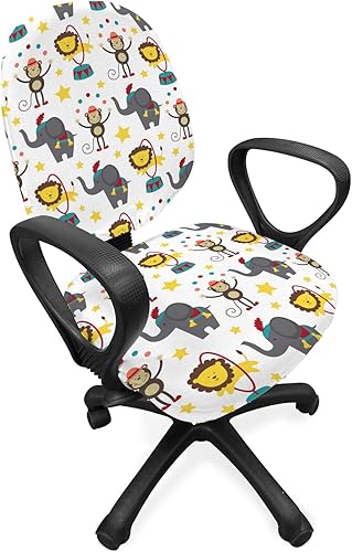 Ambesonne Funda para silla de oficina de dibujos animados, animales de circo feliz que actúan saltando posando malabarismo estrellas telón de fondo