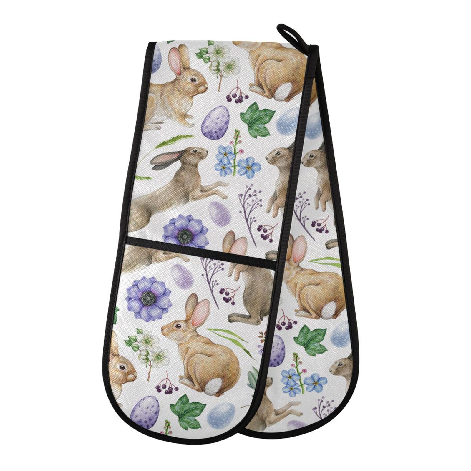 Double Oven Gloves Cute Rabbit Eggs Spring Garden Flowers Heat Resistant Pot Holder Oven Mitt Gloves for BBQ Cooking Baking Grilling Microwave