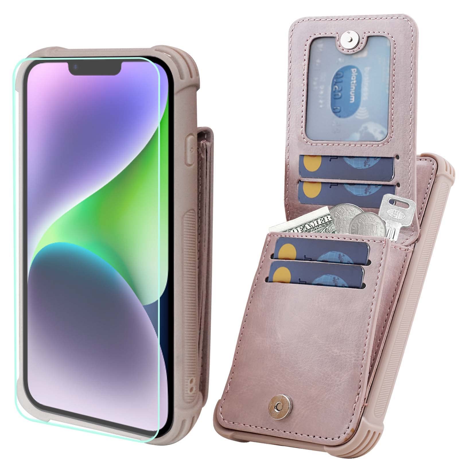 VANAVAGY Compatible for iPhone 14/13 Wallet Case for Women Men, PU Leather Magnetic Clasp Flip Phone Cover with RFID Blocking Card Holder Coin Pocket