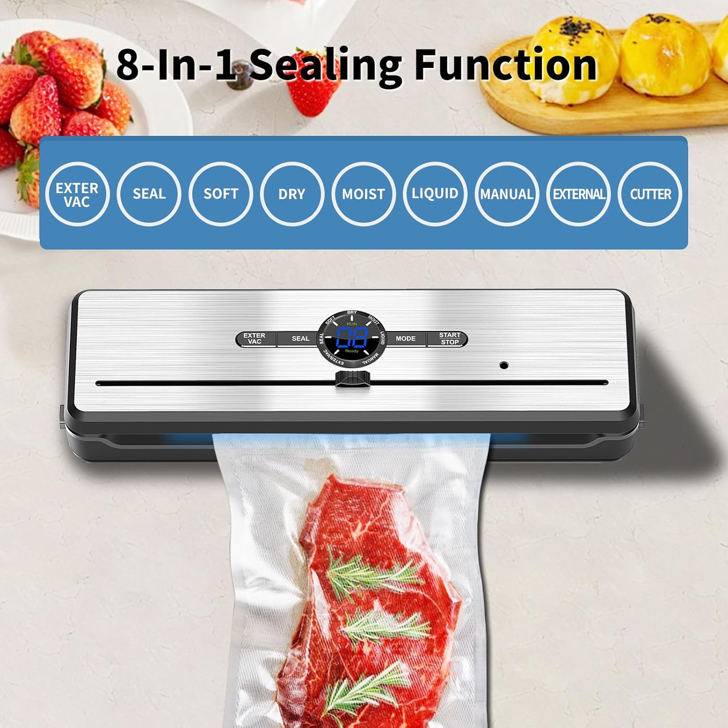 Food Vacuum Mealer Machine, 75KPA Powerful Pro Vacuum Food Sealer, Full Automatic with Double Heat Seal, Liquid, Wet, Dry Modes with External Vacuum System, Built in Cutter & 15 Vacuum Bags