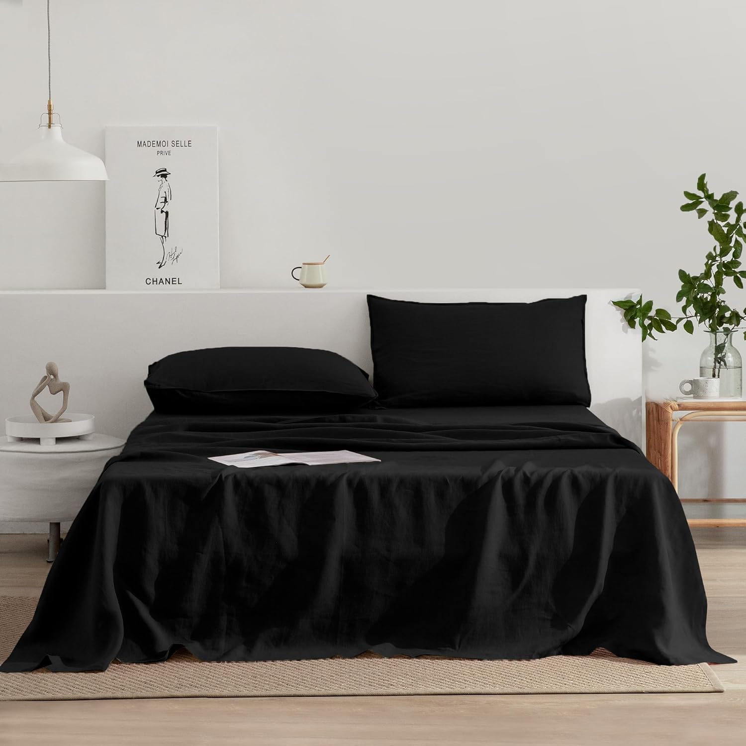 EVERLY Linen Sheets Set Queen Size,100% French Stonewash Pure Linen Sheets Set,4Pieces (1Flat Sheet,1Fitted Sheet,2Pillowcase) Suitable for Hot Sleepers,Deep Pocket Natural Bedding Set-Black Black Queen