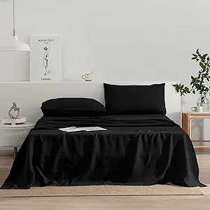 EVERLY Linen Sheets Set King Size,100% French Stonewash Pure Linen Bed Sheets,4Pieces (1Flat Sheet,1Fitted Sheet,2Pillowcase) Suitable for Hot Sleepers,Deep Pocket Natural Bedding Set-Black