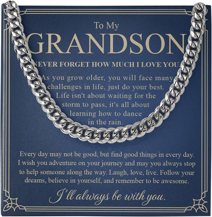 To My Grandson Cuban Chain Necklace - Gift From Grandparents, Grandma and Grandpa for Birthday, Christmas - Cards for Men