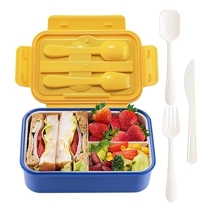 ZMYGOLON Bento Lunch Box for Kids,Lunch Bento Box Container Leak Proof for Kids Adults Teens School, Lunch Containers with 3 Compartments and Spoon,Fork (blue)