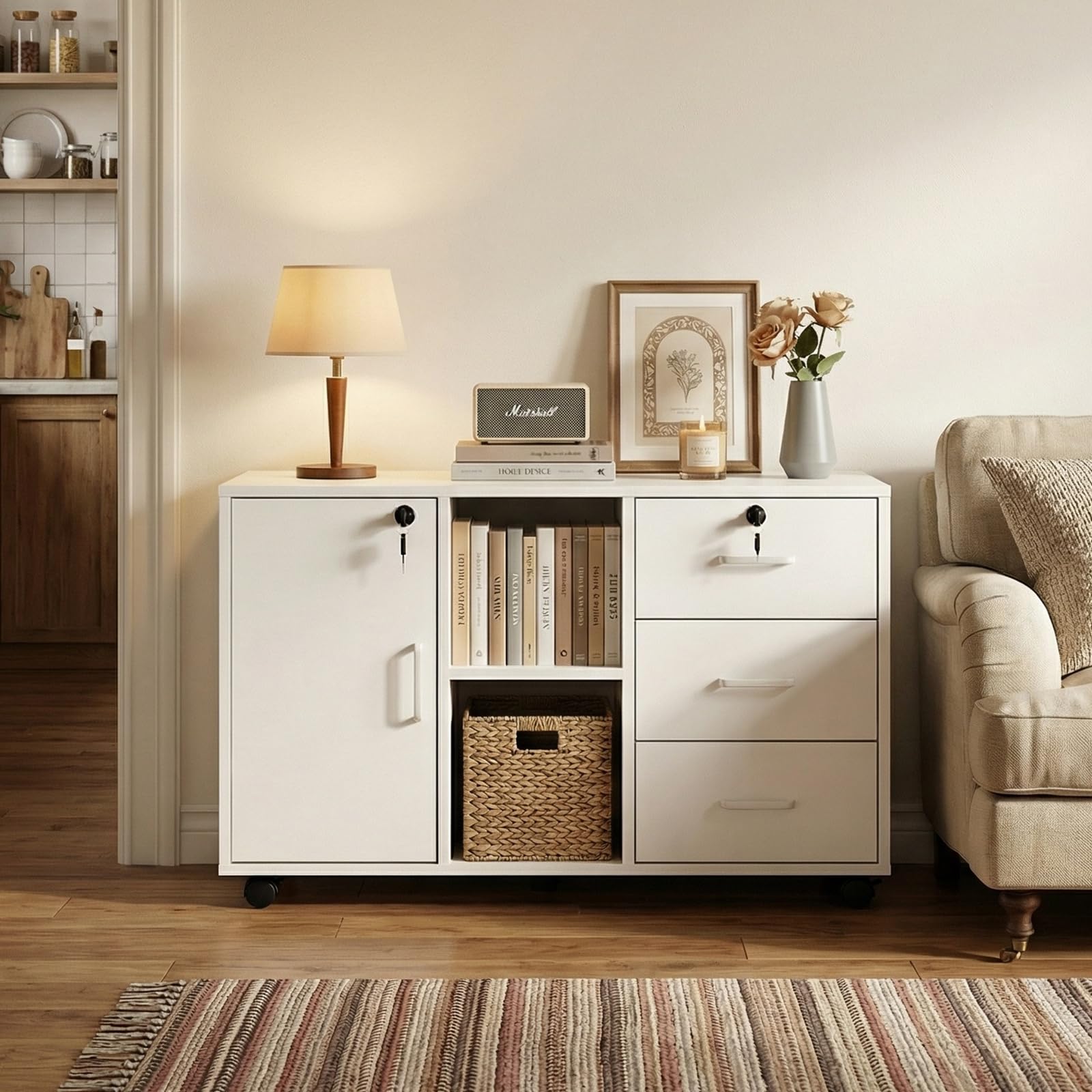 Caisson de Rangement, Meuble Bureau à 4 roulettes, 3 Tiroirs, 2 Compartiments Ouverts à Étagères Réglables,Verrouillable Armoire sous Bureau pour Papier Administratif, Imprimante,Salon,Blanc