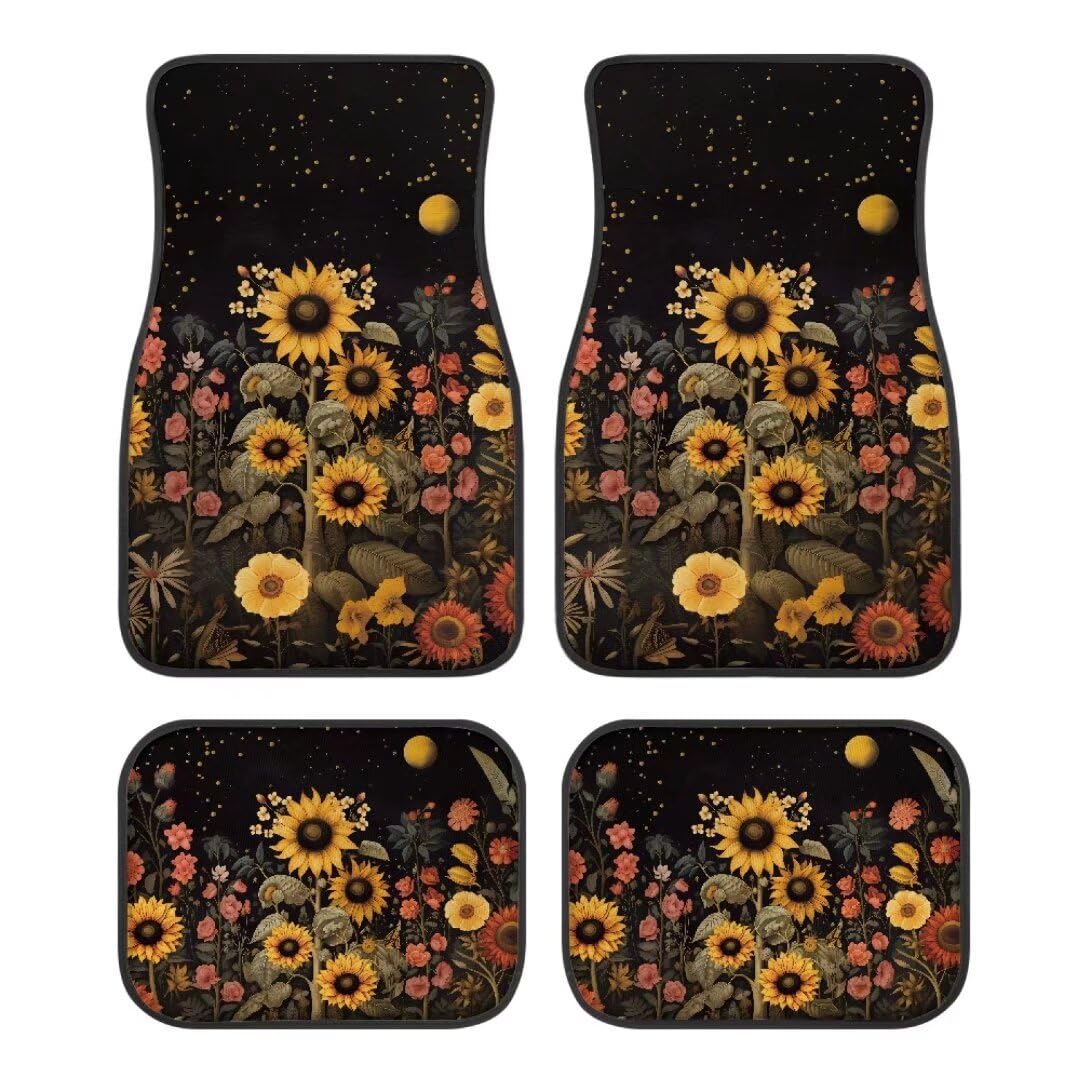 Black Sunflowers Print Floral Car Floor Mats Suitable for Cars SUVs Trucks,All Weather Front & Rear Automotive Floor Mats,Universal Fit Design，4