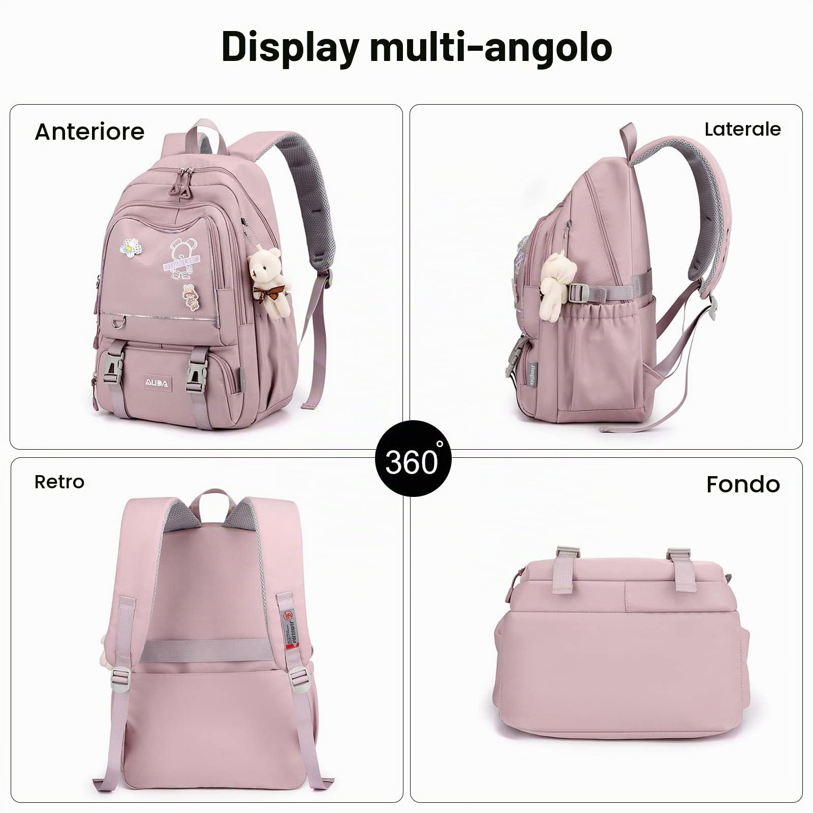 FANDARE Zainetti Cartelle per Scuola Elementare, Zaino Casual per Ragazzi Studenti Scuole primarie Viaggiare, Daypacks con ciondolo in peluche, Impermeabile, Nylon Nero