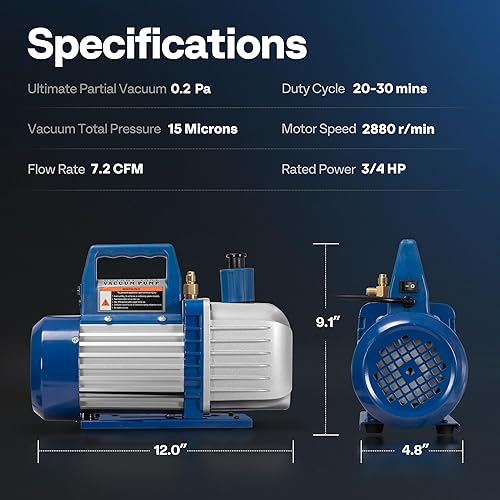 Miniatura 7 de VIVOHOME - Bomba vacío HVAC de 34 HP y 7.2CFM a 110 V de 2 etapas y kit de manómetro de aire acondicionado de 4 vías con detector de fugas y