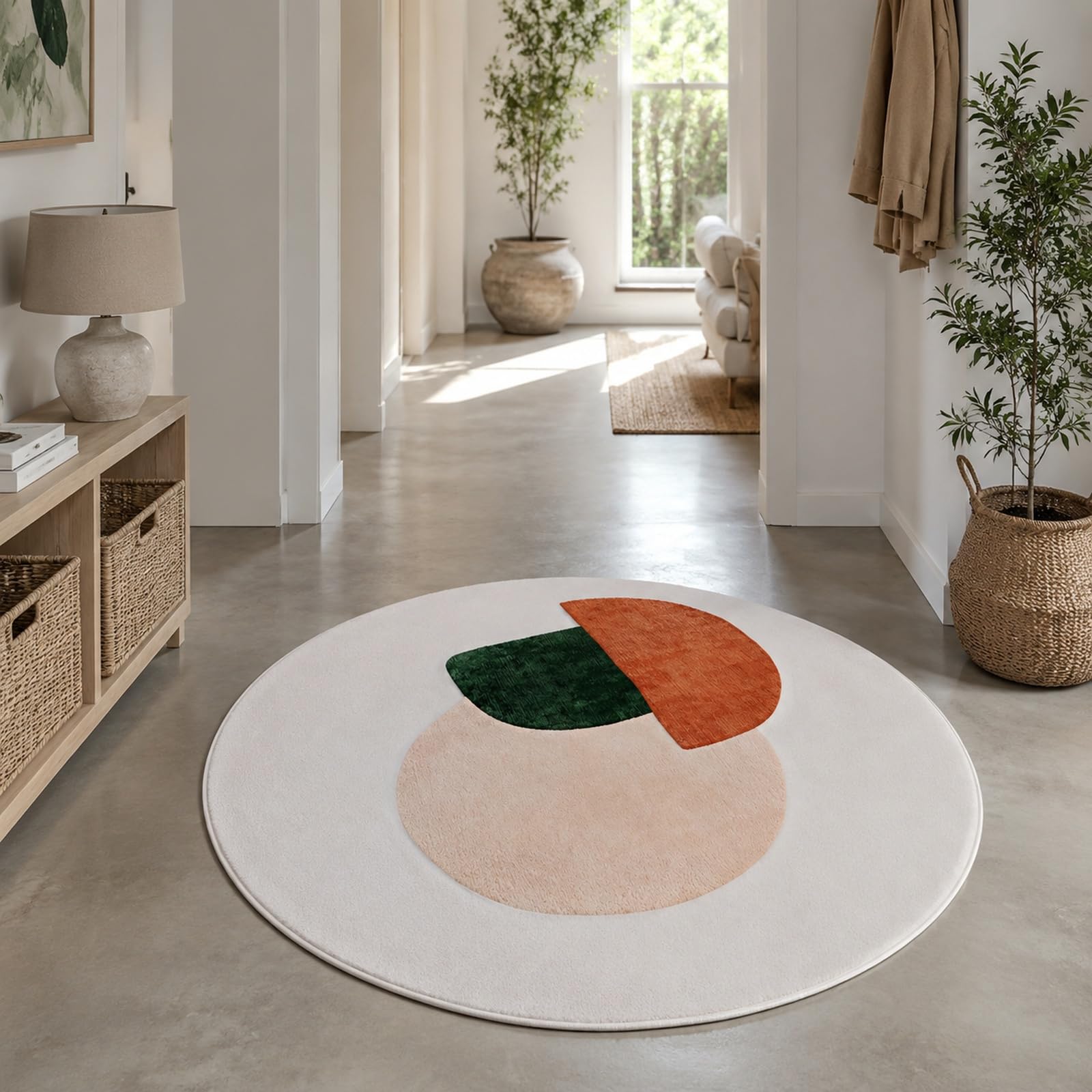 Tapis rond géométrique moderne vert et beige de 140 cm pour dressing