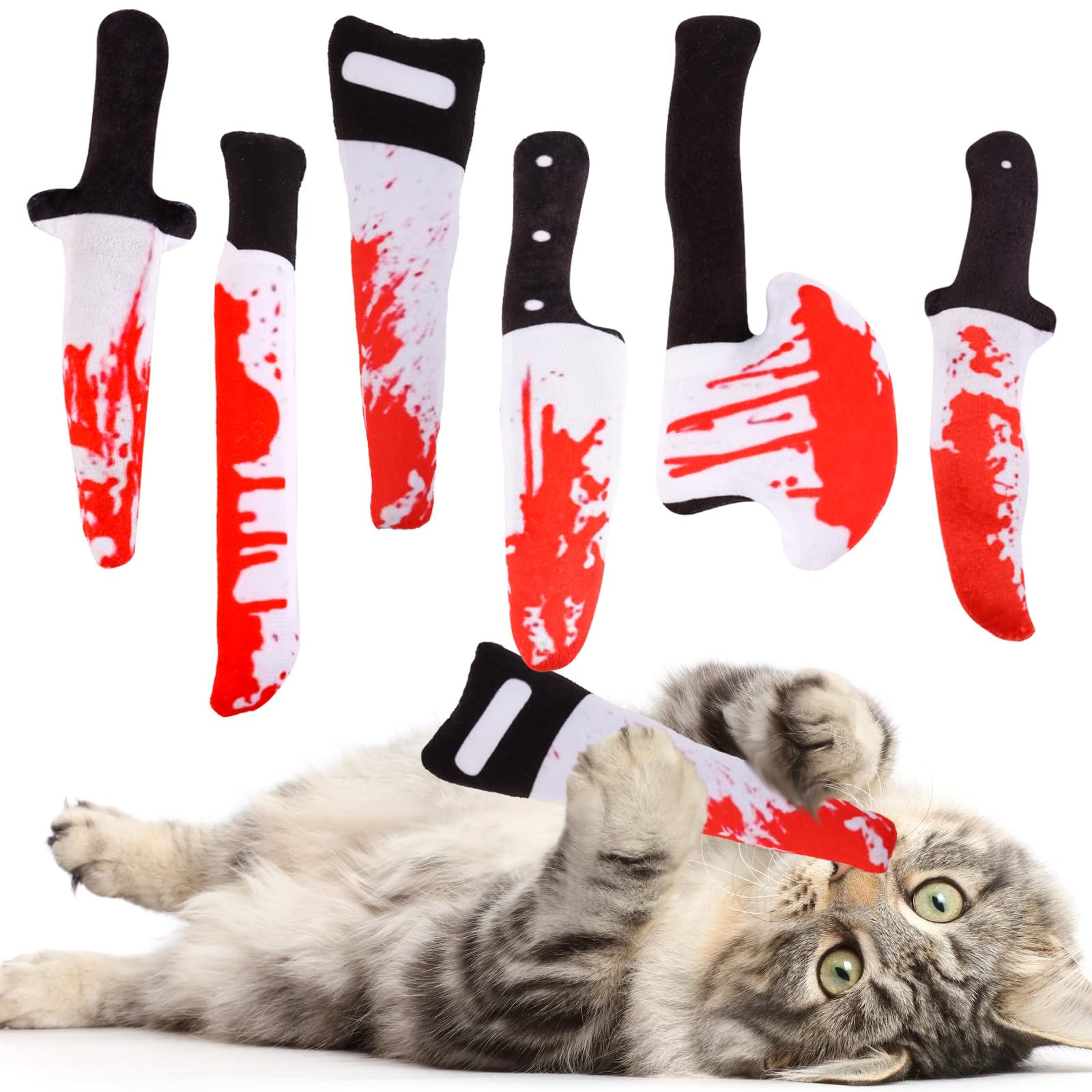 FOIMAS 6pcs Catnip Toys,Knife Shaped Catnip Toys Teething Chew Plush Toys for Cat Kitten Teeth Cleaning Inreractive Toys Indoor Outdoor Halloween Christmas