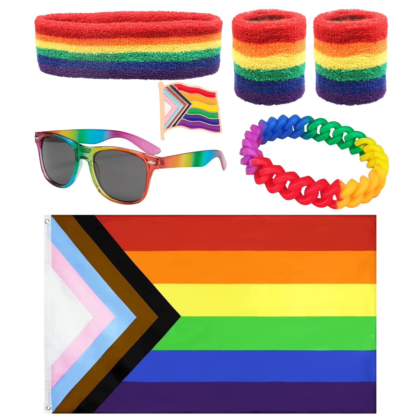 XEPST Set Accessori LGBTQ Pride - 8 Pezzi Con Bandiera, Bracciali, Occhiali Per Eventi Arcobaleno - Foto 6