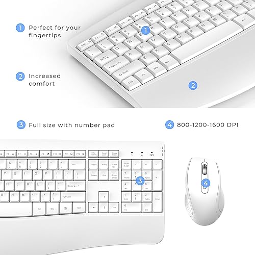 Miniatura 5 de PEIOUS Teclado y mouse inalámbricos, teclado ergonómico y mouse combinados, teclado de tamaño completo, inalámbrico con reposamuñecas de palma,