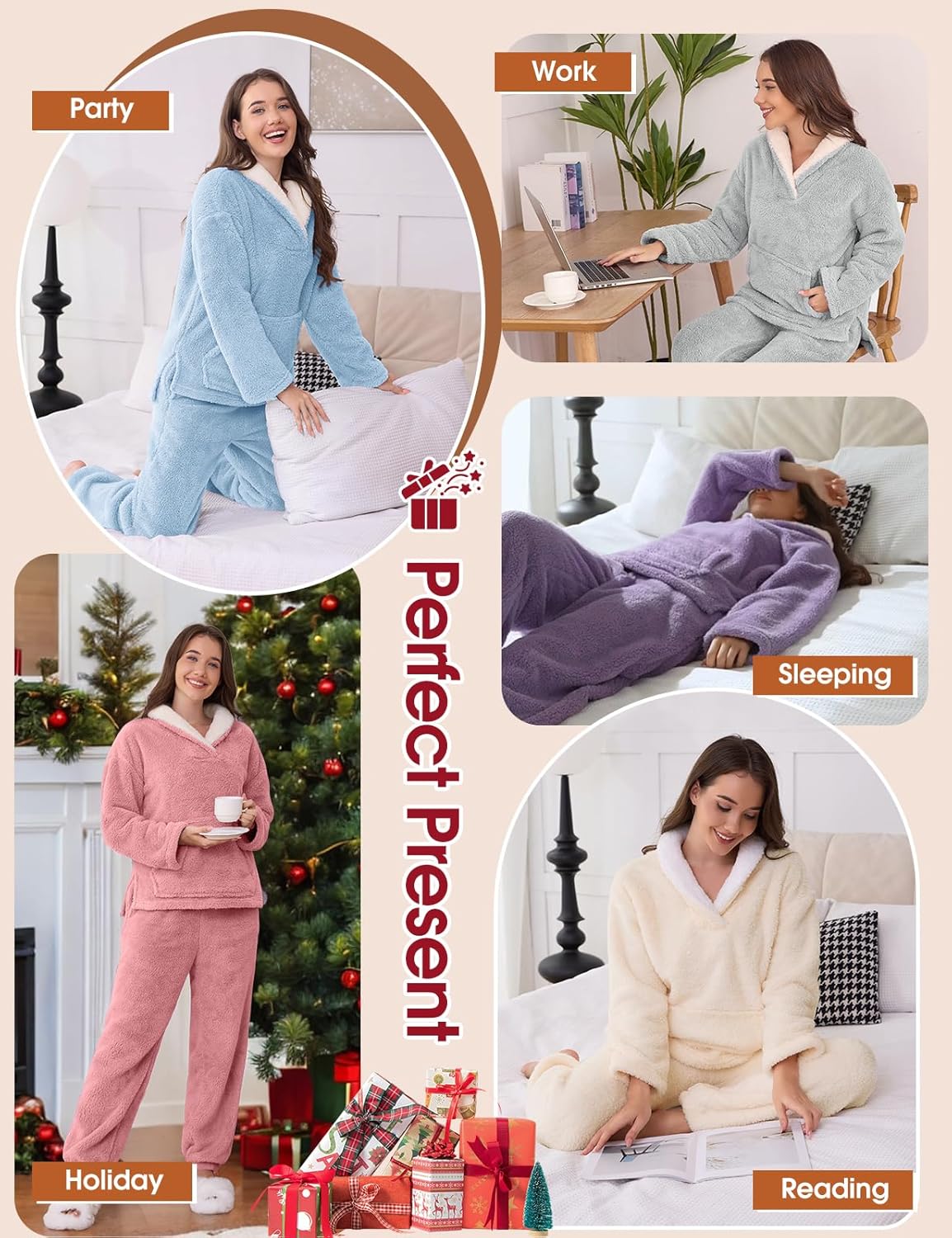 HEEKEPK Womens Fluffy Pajamas Set Fleece Fuzzy Winter Warm Pj Sets Pullover Pants Plush 2 Piece Loungewear Sleepwear Pockets - Image 4