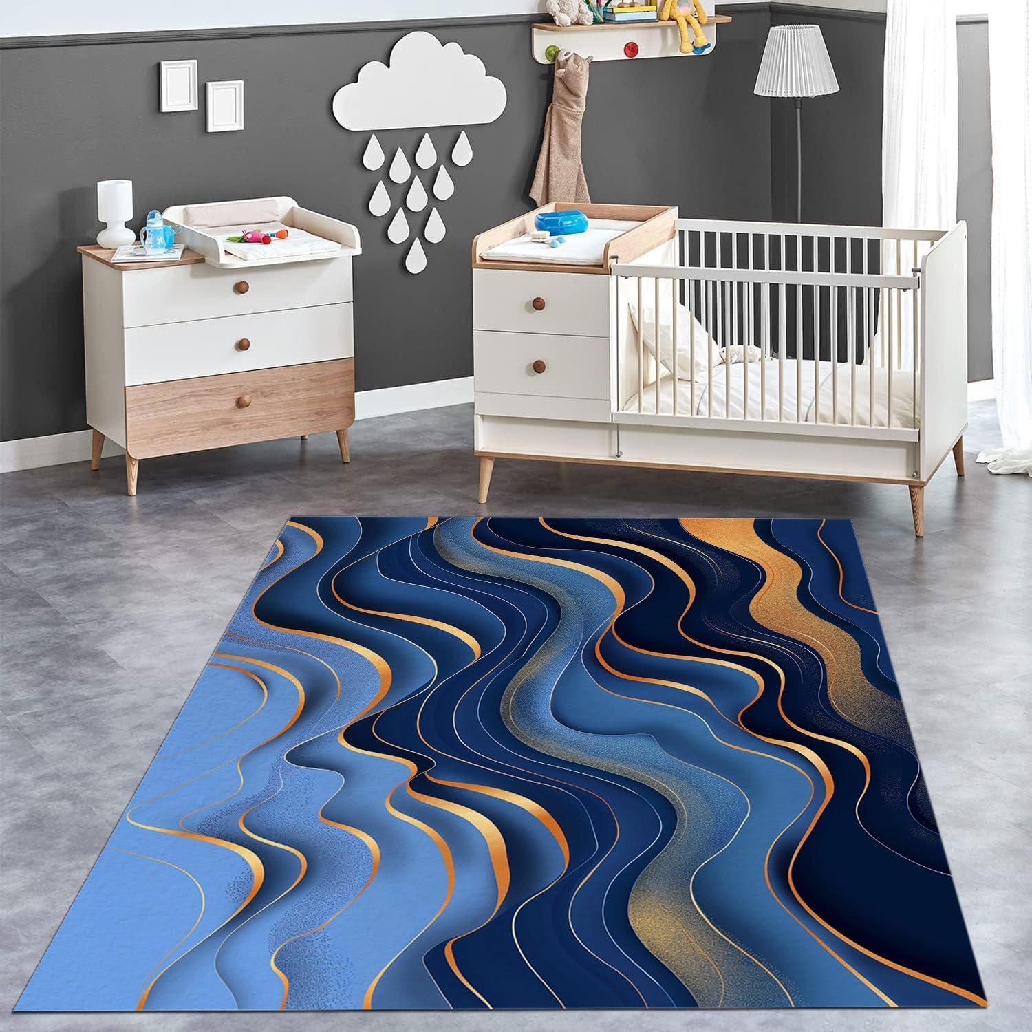 Machine Washable Area Rug 2 x 3 ft, Blue and Gold Wavy Lines Rugs for Living Room Non-Slip Soft Low Pile Carpet Rug for Bedroom Bedside Dining Room Nursery Hardwood Floor Decor
