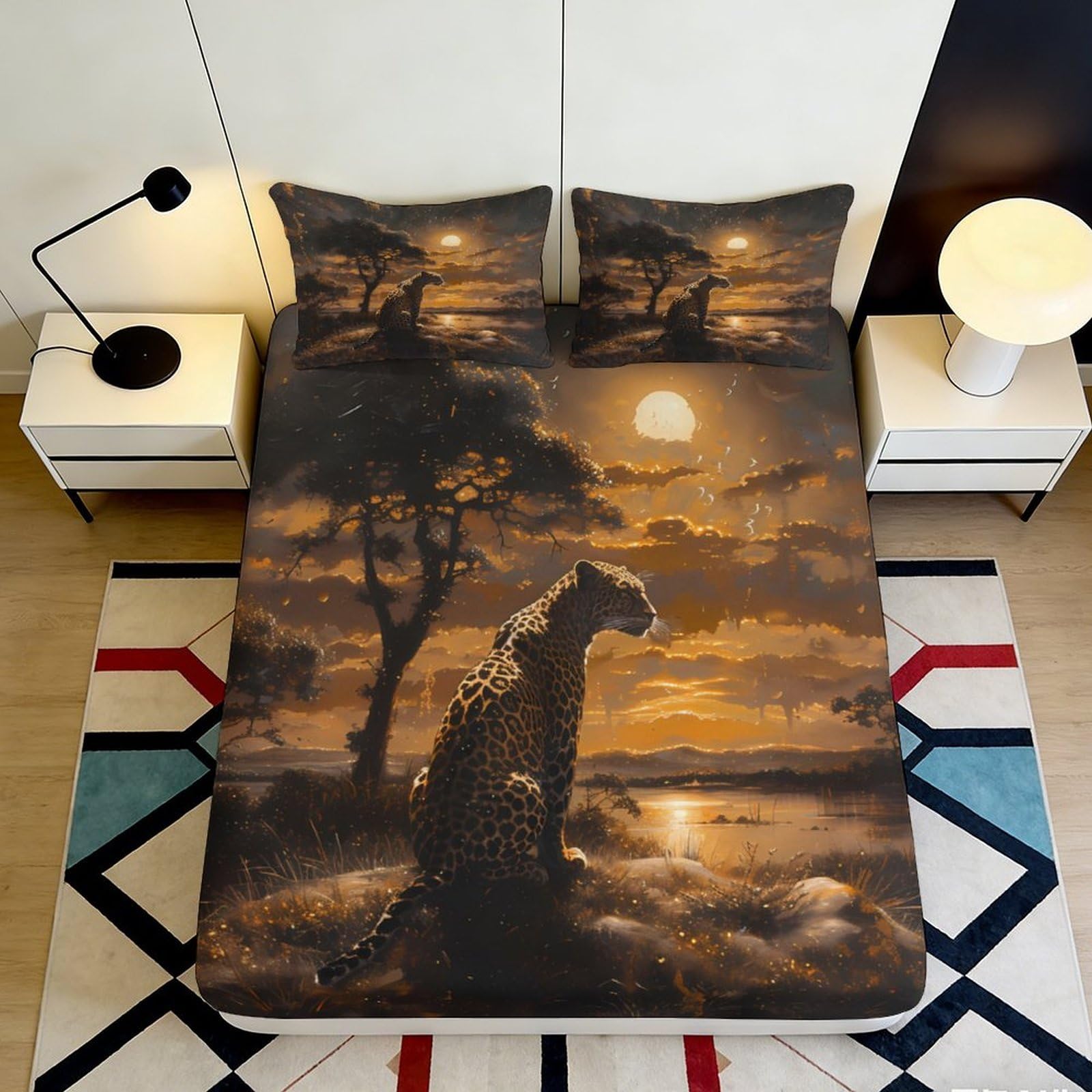 3D Printed Leopard Sunset Fitted Sheet Microfiber Soft Mattress Cover for Bedroom Dorm Decorative Protection, 120x200cm 180x200x25cm