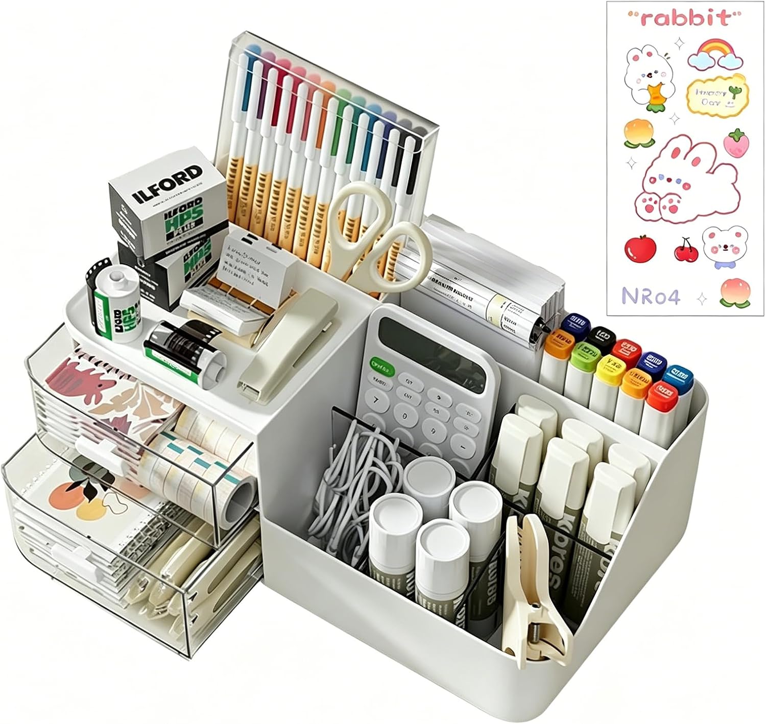 Drawer Organizers Accessories with 7 Compartments and 2 Drawers, Large Capacity Cosmetic Display Case, Pen Holder, Art Supply Storage Box Caddy for Office School and Home