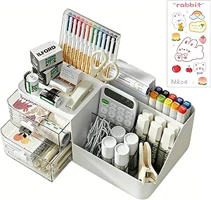 Drawer Organizers Accessories with 7 Compartments and 2 Drawers, Large Capacity Cosmetic Display Case, Pen Holder, Art Supply Storage Box Caddy for Office School and Home
