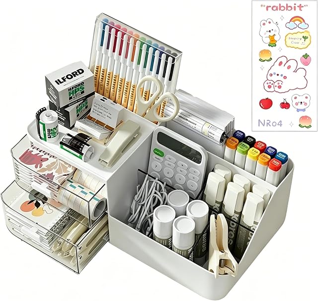 Organisateurs de tiroirs Accessoires avec 7 Compartiments 2 Tiroirs, étui de présentation cosmétique de grande capacité, porte stylo, boîte de stockage d'approvisionnement d'art Caddy pour l'école de bureau et la maison
