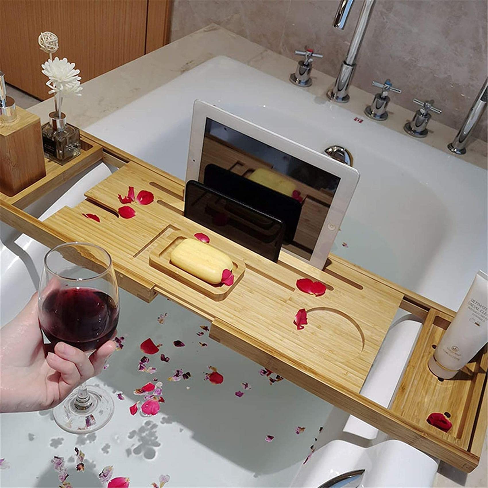 Bandeja para bañera Bandeja para bañera telescópica de bambú Bandeja para bañera Antideslizante para baño Bañera Ajustable Antideslizante (Color : Picture Color, Size : 70x21x3cm) (Picture