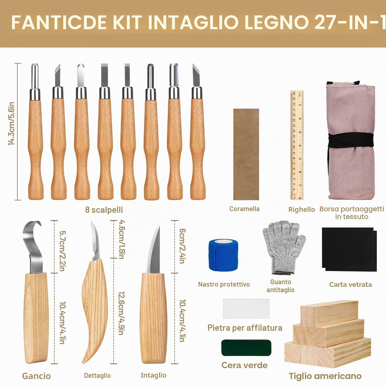 Set di strumenti per intaglio in legno, set di strumenti per intaglio con guanti resistenti al taglio, manico e pietra per affilare, per principianti e professionisti