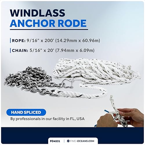 Vista 77 de Five Oceans Windlass Anchor Rode y cadena, cuerda de anclaje empalmada a mano y kit de cadena, cuerda de nailon de 3 hebras, cadena de acero