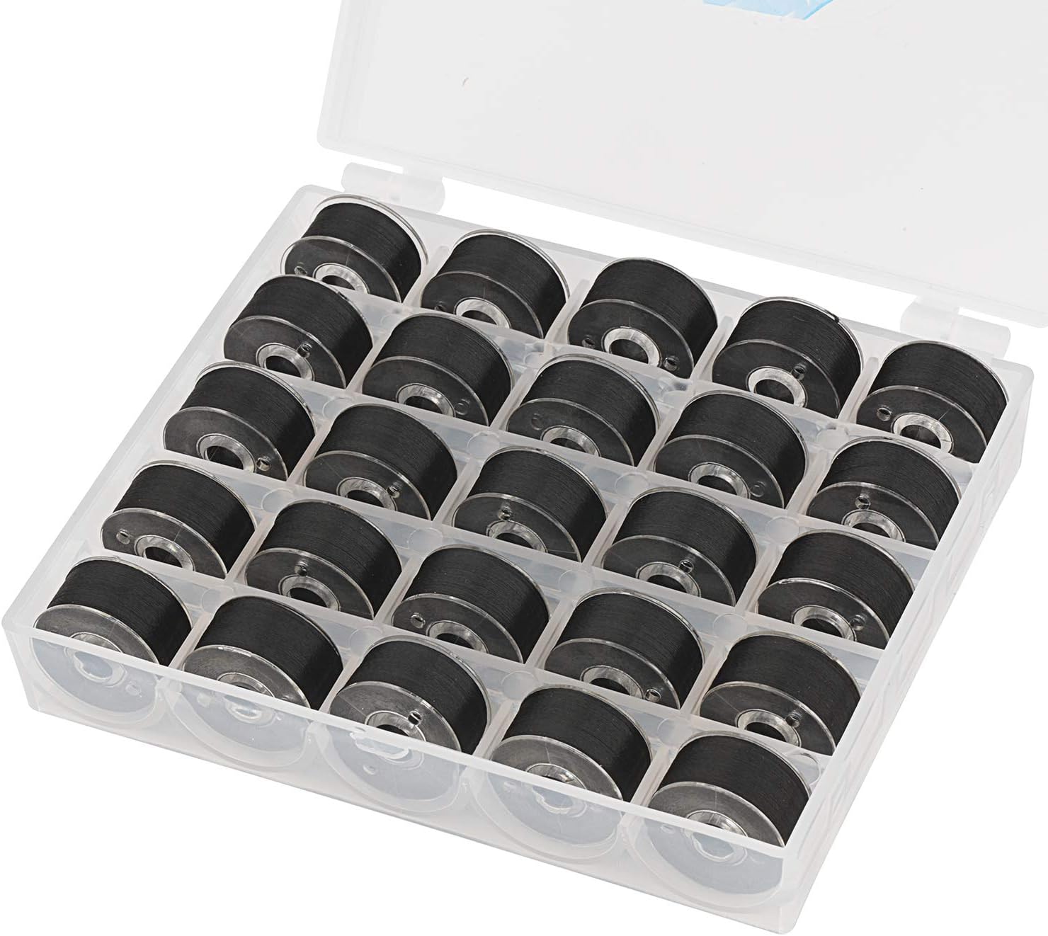 Simthread 25pcs 90 Weight Black Prewound Bobbin Thread Size A Class 15 (SA156) with Clear Storage Plastic Case Box 60S/2 for Brother Embroidery Thread Sewing Thread Machine DIY