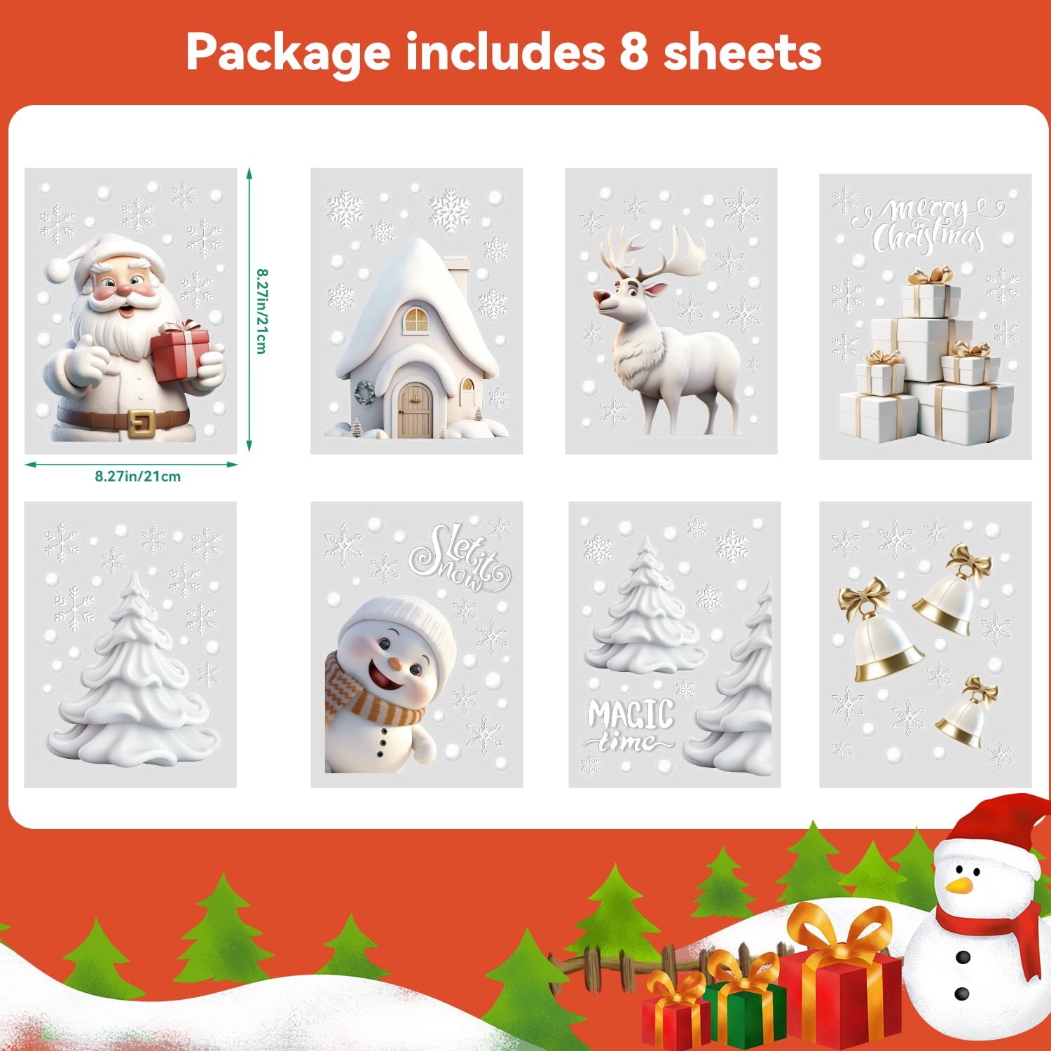 FOPINOA Christmas Window Stickers, 3D Xmas Window Decals White Christmas Window Clings Double Sided for Christmas Window Decorations(8 Sheets)