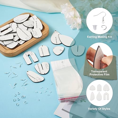 Miniatura 7 de Spritewelry 18 pares de productos de sublimación en blanco para sublimación, aretes de MDF sin terminar con tarjetas, anillos de salto, ganchos para