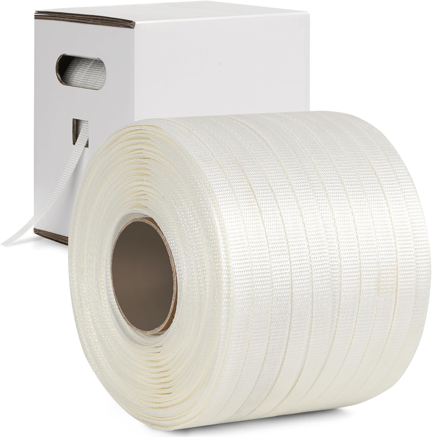 Heavy Duty Woven Cord Flat Rope - 1000ft x ½” Roll - Banding & Pallet Strapping Kit - Includes Virgin Polyester Strapping Roll & Self-Dispensing Box