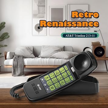 AT&T Trimline Corded Phone, No AC Power Needed, Extra Large Buttons, Visual Ringer, Lighted Keypad, 10-Number Speed Dial, Wall Mountable, Black | 213-11