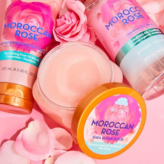 Tree Hut Moroccan Rose Shea Sugar Scrub | Exfoliating Body Scrub Removes Dead, Dry Skin for a Soft & Hydrated Feel | Nourishing Essential Body Care | 18 fl oz.