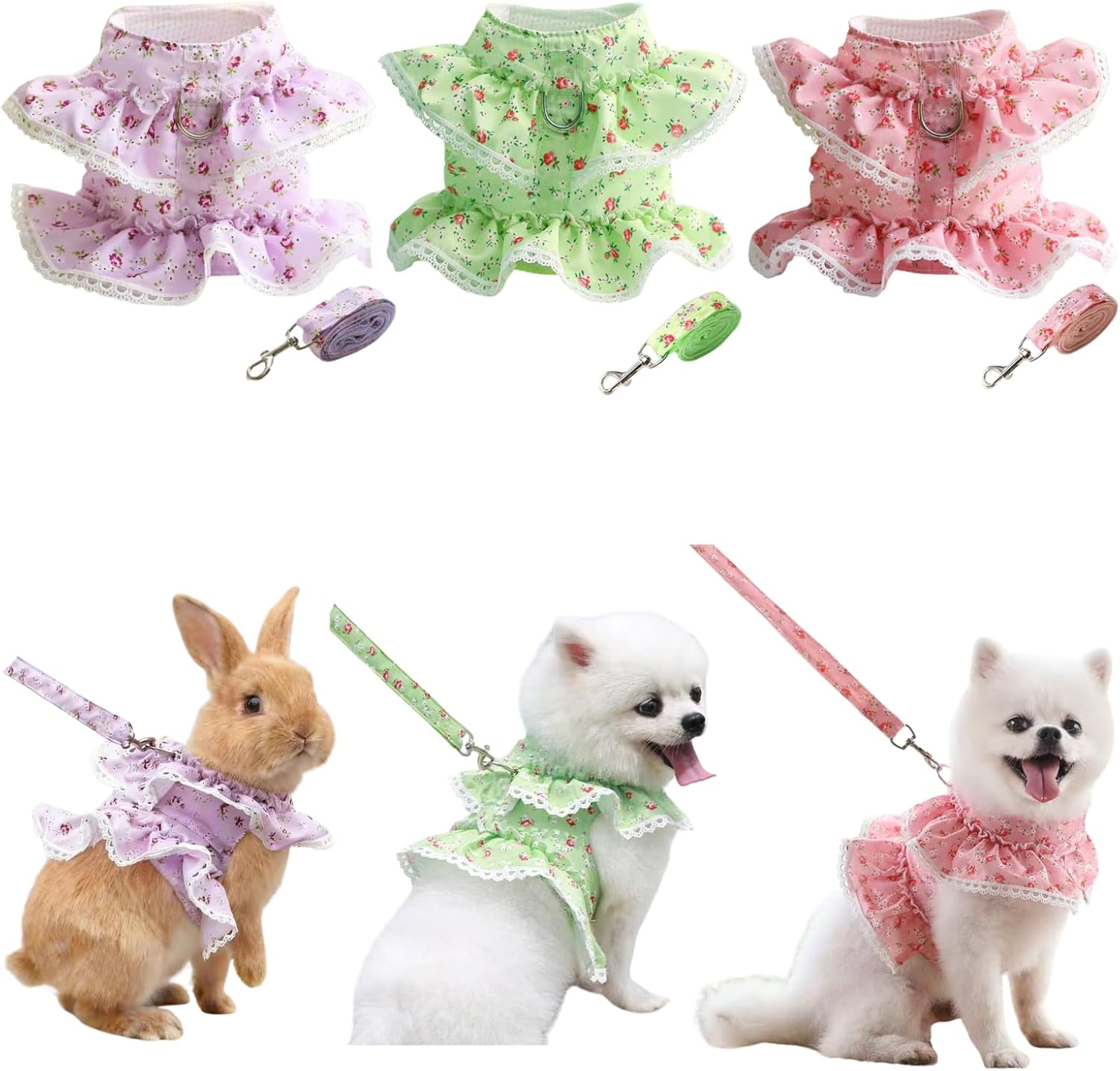 3 Sets Small Animal Harness and Leash Set, Soft Breathable Mesh Vest Harness for Rabbits Bunny Kitten Ferret Puppy Guinea Pig Walking Supplies (L)