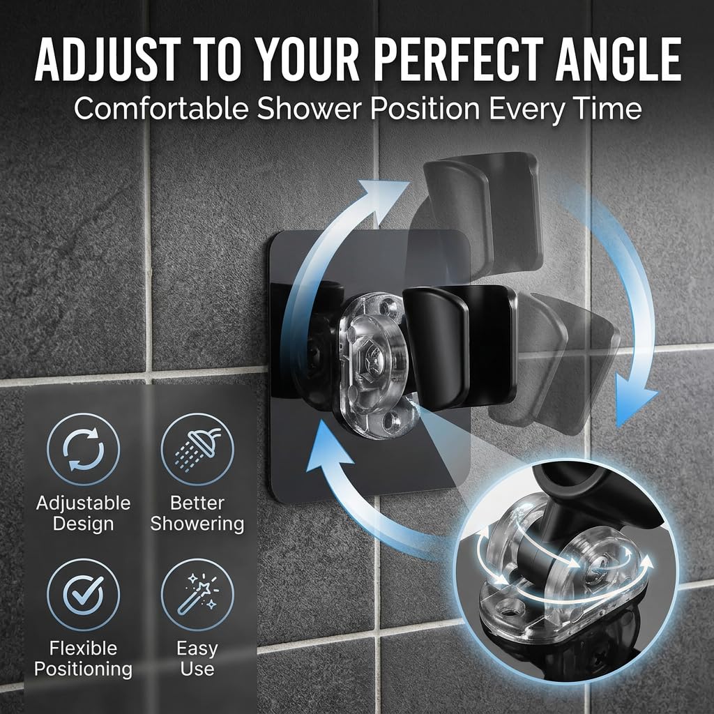 Vihax Adjustable Self Adhesive Shower Head Holder | Wall Mounted Handheld Shower Bracket | Drill-Free Showerhead Stand, Waterproof Bathroom Shower Holder | Punch-Free Bathroom Accessory, Black 3