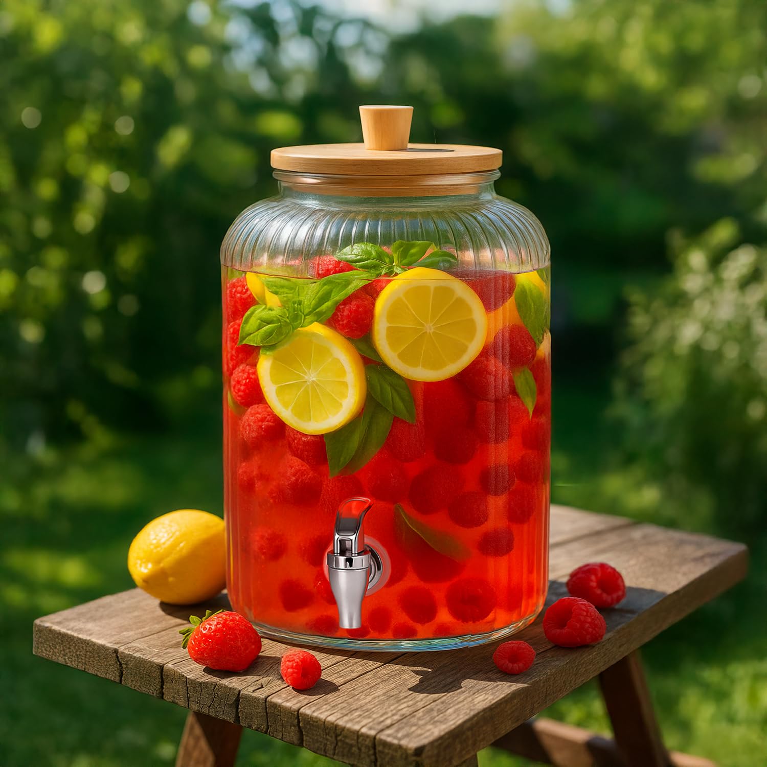Contenitore in vetro da 8 litri con rubinetto e coperchio in bambù, per limonata, acqua e succo (acciaio inossidabile)