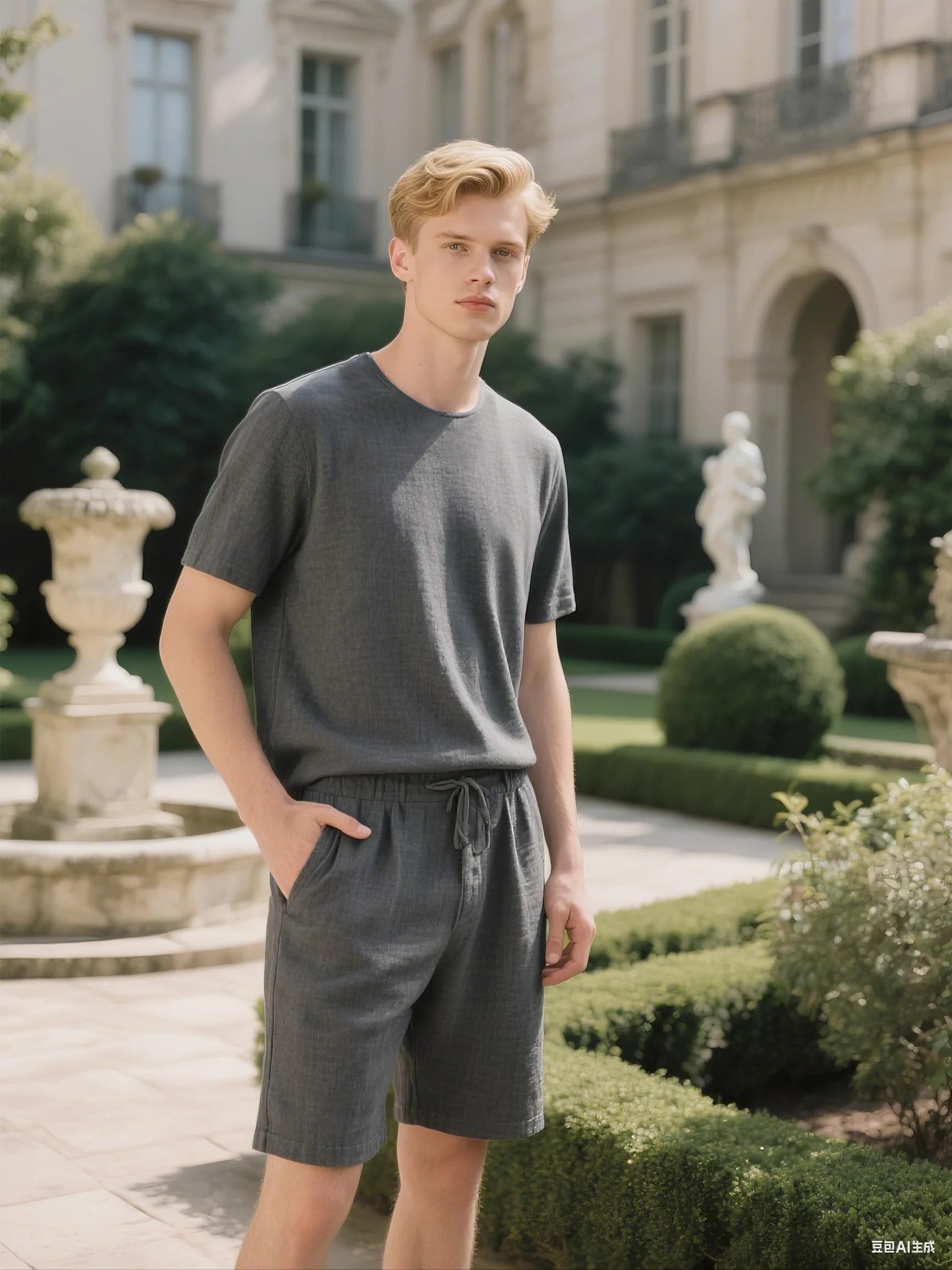 RAKUYUME Schlafanzug Herren Kurz 100% Leinen Pyjama Set Sommer Hausanzug