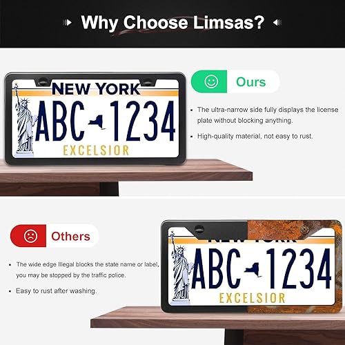 Miniatura 4 de Marcos de matrícula negros, marco de placa de 2 agujeros, 2 soportes negros para matrícula con posavasos, cubierta universal de acero inoxidable