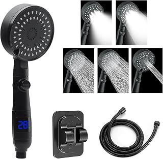 Cuteefun Shower Head and Hose 2m, Black Handheld Showers Holder, Temp Display, 5 Spray Modes High Pressure Shower Heads, Showerhead with Water Stop Button, Power Shower Head to Increase Water Pressure