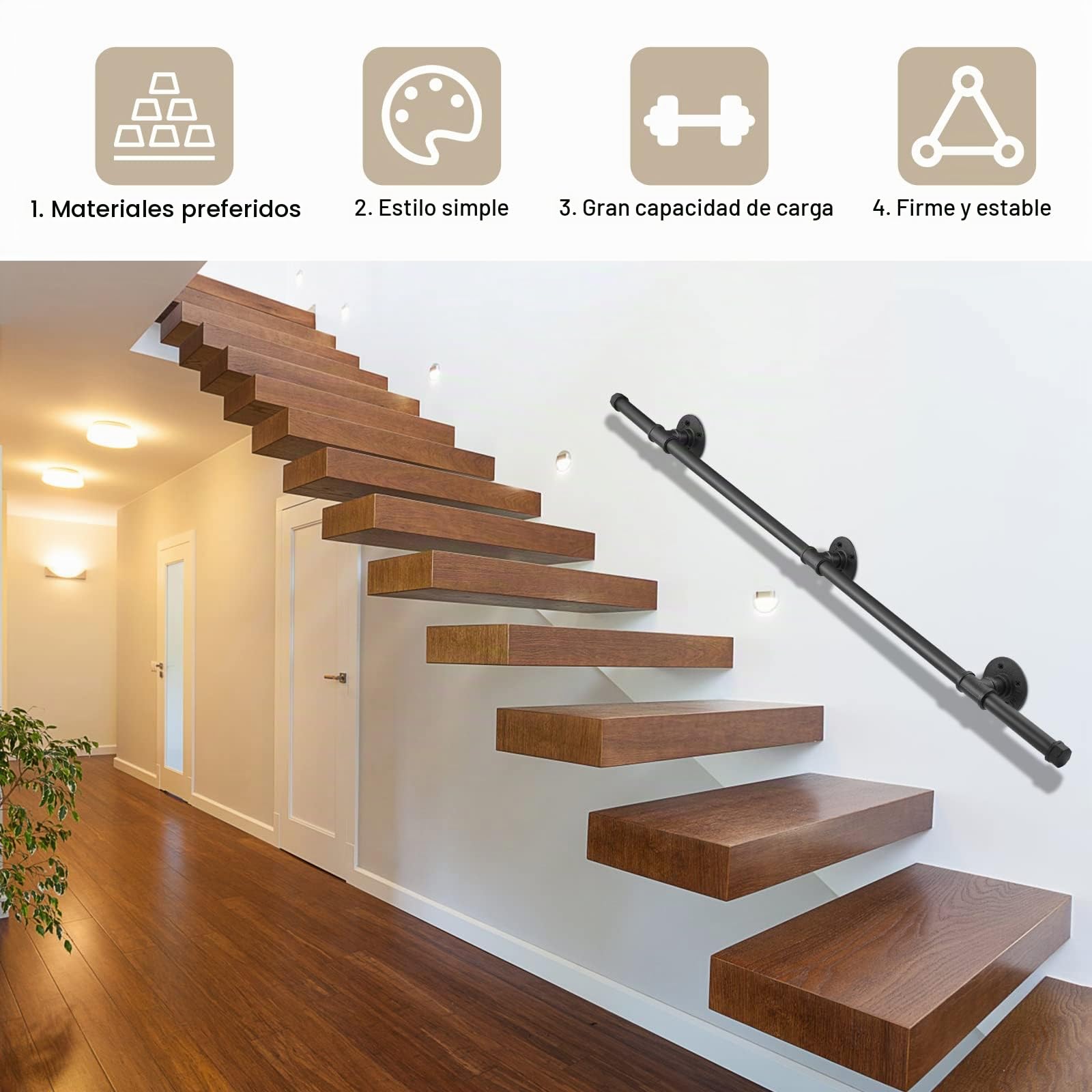 Pasamanos Escalera, Aomdom Pasamanos para Escaleras Interior Exterior Barandilla Escalera Negro con tubo de acero Galvanizado Industrial Antideslizante para Cocina Baño Jardín, 2M