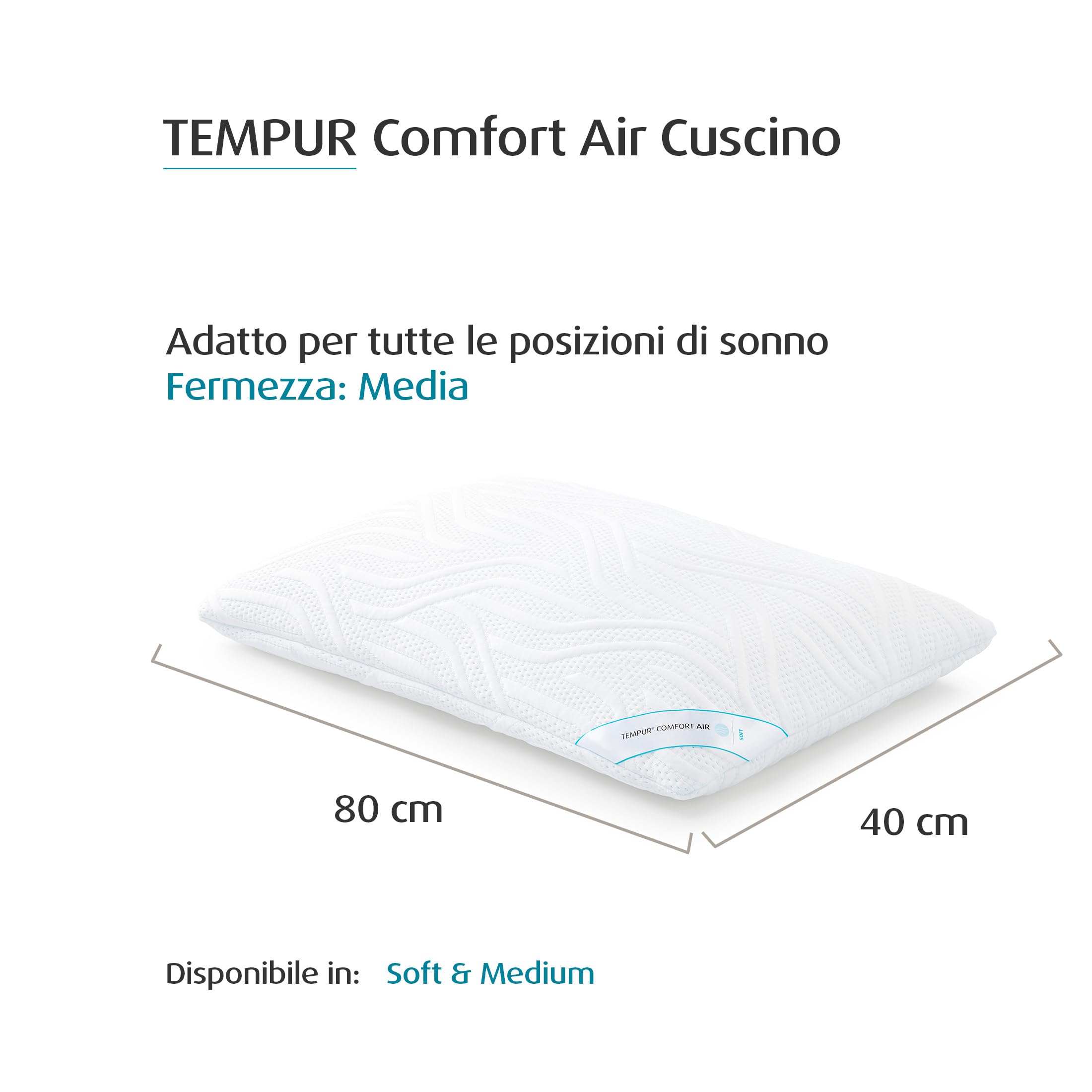 TEMPUR Comfort Air Medium, cuscino traspirante per tutte le posizioni di sonno, OEKO-TEX MADE IN GREEN, sensazione di media fermezza, 40 x 80 cm