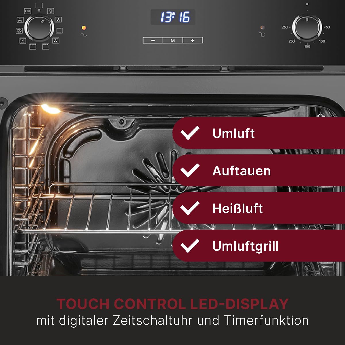 Bomann Einbaubackofen mit Grill, Heißluft & Ober-/Unterhitze | Backofen 56L | Ofen mit 50°C - 250°C Bereich & Touch Control | Oven mit 9 Backofen-Funktionen & aushängbarer Tür | EBO 7911 schwarz