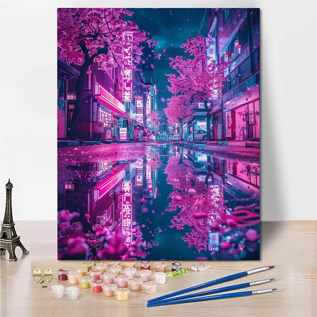 Peinture Numero Adulte Cherry Blossoms Japan - Activité Manuelle Adulte - Peinture Aquarelle - Loisir Creatif Adulte - Kit Loisir Créatif Enfant - Dès 172 Ans 70x95cm sans châssis en bois 4136-D