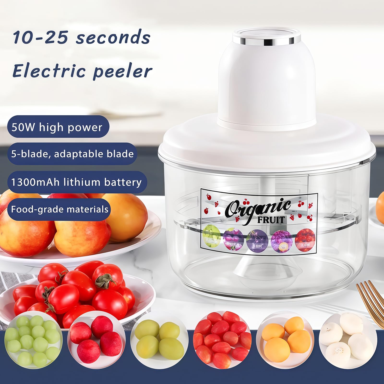 Éplucheur de fruits électrique, 50 W, 5 lames, batterie 1300 mAh, épluchage automatique en 25 secondes, matériaux de qualité alimentaire, gadget de cuisine facile à utiliser