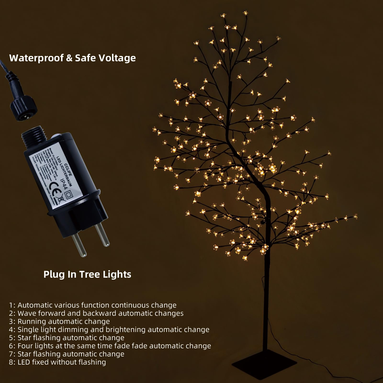 CCLIFE Albero Luminoso da Interno 180cm, Lampada LED con Funzione Memoria, Albero di Ciliegio Illuminazione, Bianco Caldo, IP44, 240 LED Albero con Luci