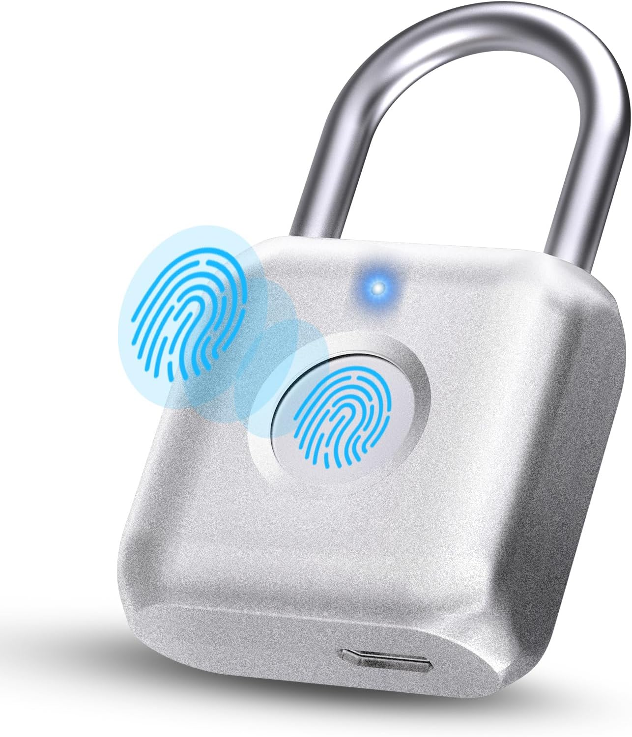 Pothunder Fingerprint Padlock, Smart Padlock, Locker Lock, Biometric Metal Keyless Fingerprint Lock, USB Rechargeable, for Gym Locker, Locker, Luggage, Backpack(Silver)