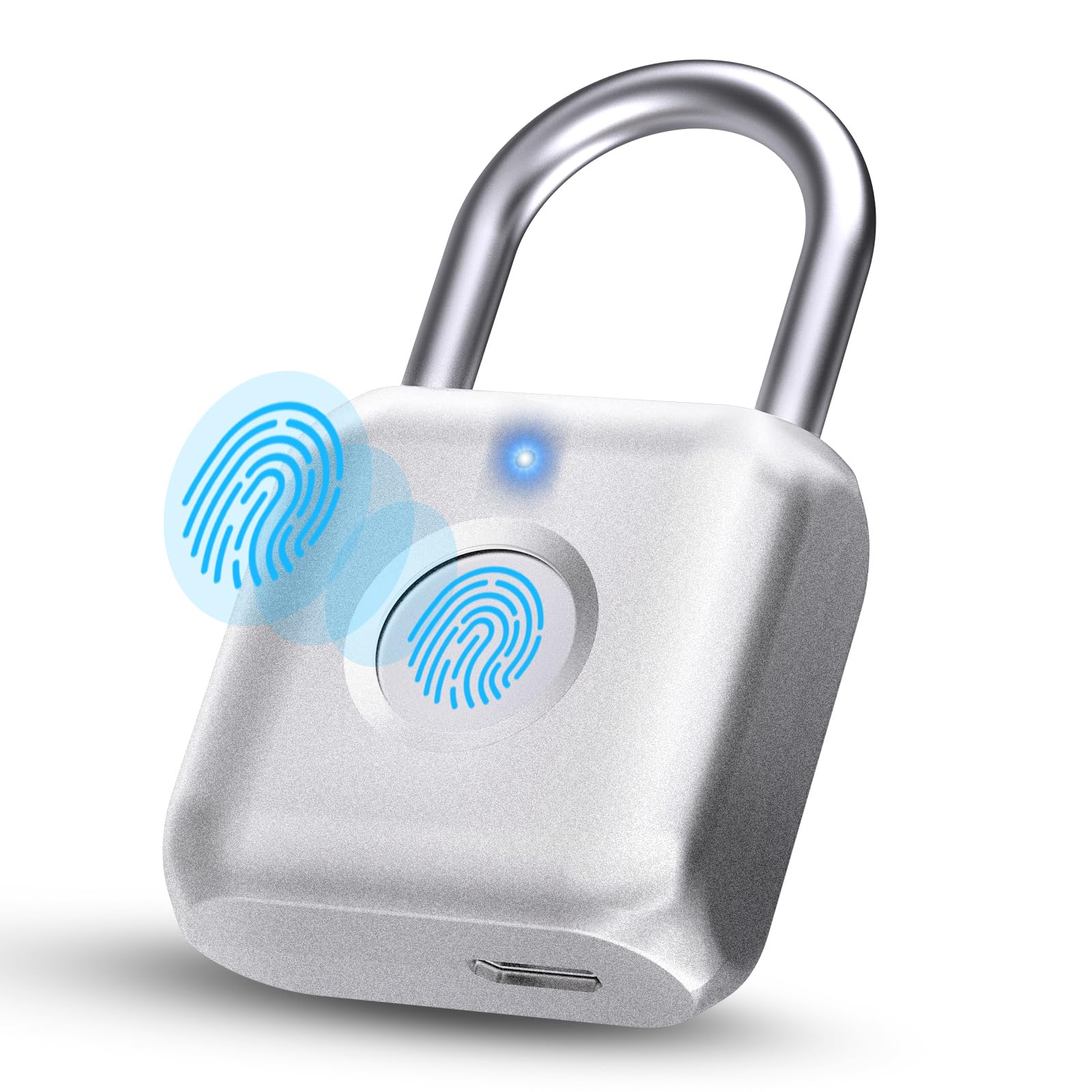 Pothunder Fingerprint Padlock, Smart Padlock, Locker Lock, Biometric Metal Keyless Fingerprint Lock, USB Rechargeable, for Gym Locker, Locker, Luggage, Backpack(Silver)