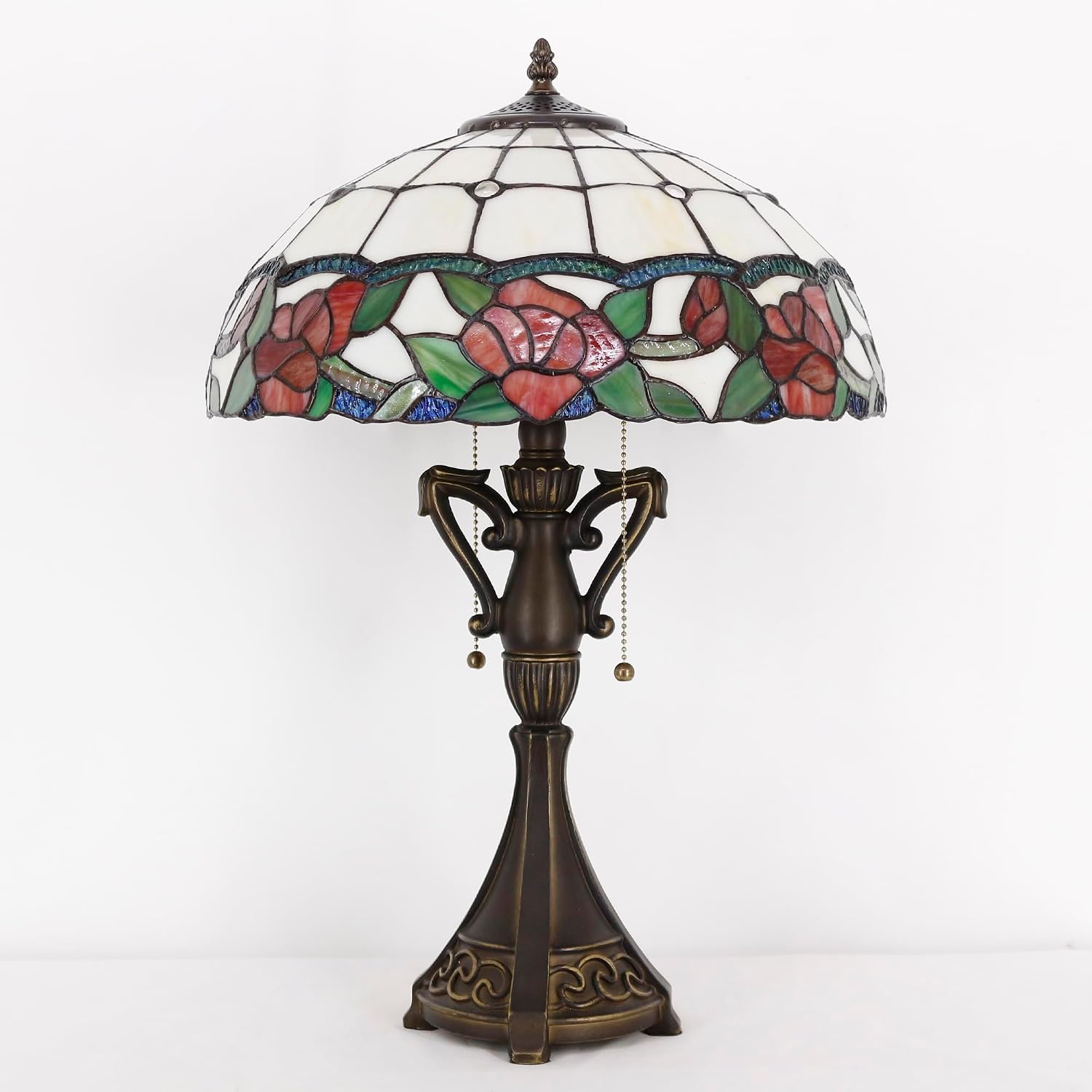 Tiffany Table Lamp 24 Inch High Antique Stained Glass Rose Flower Style Desk Reading Light Wide 16 Inch for Bedroom Living Room Home Office