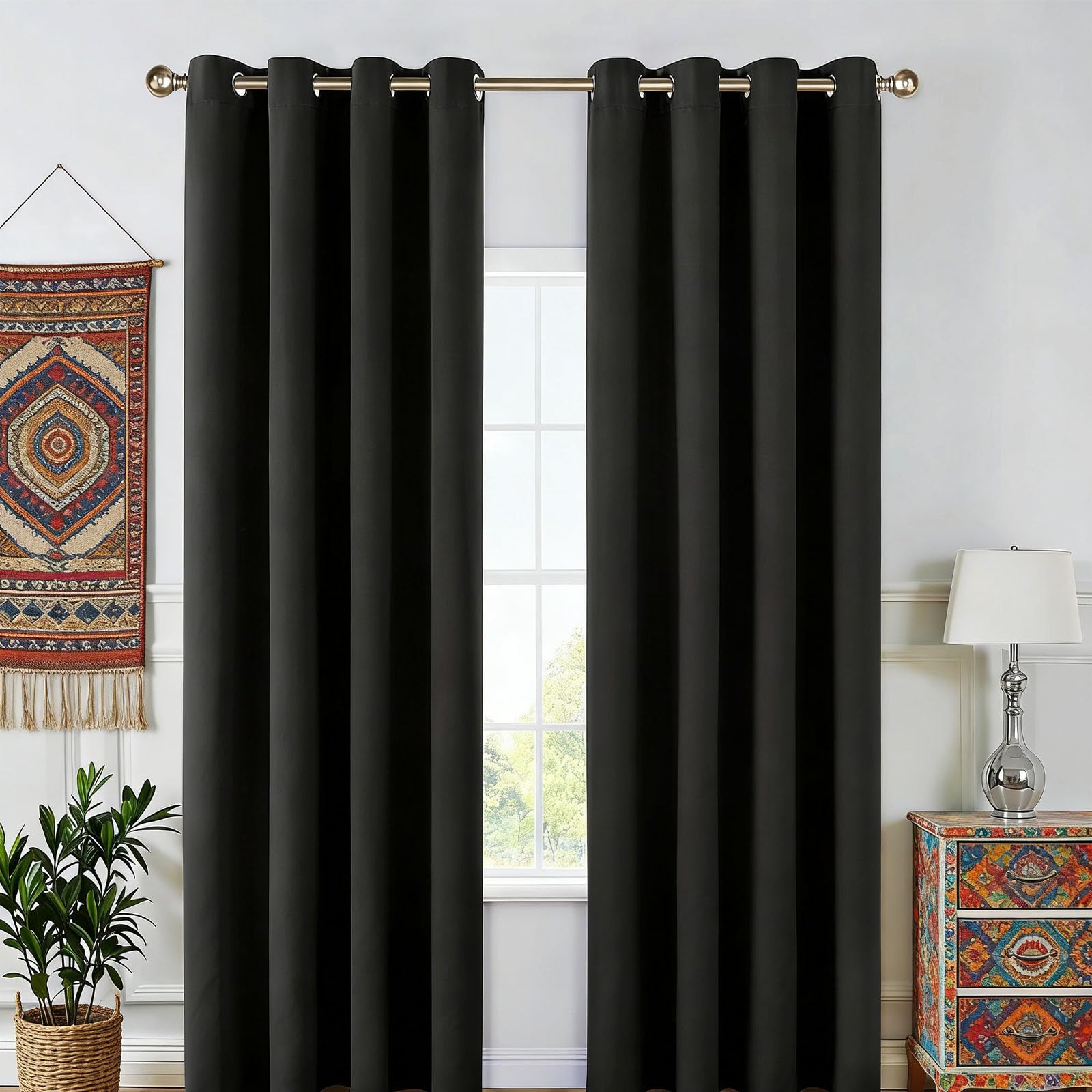 Rideau occultant thermique noir 290x280 cm à oeillets pour salon